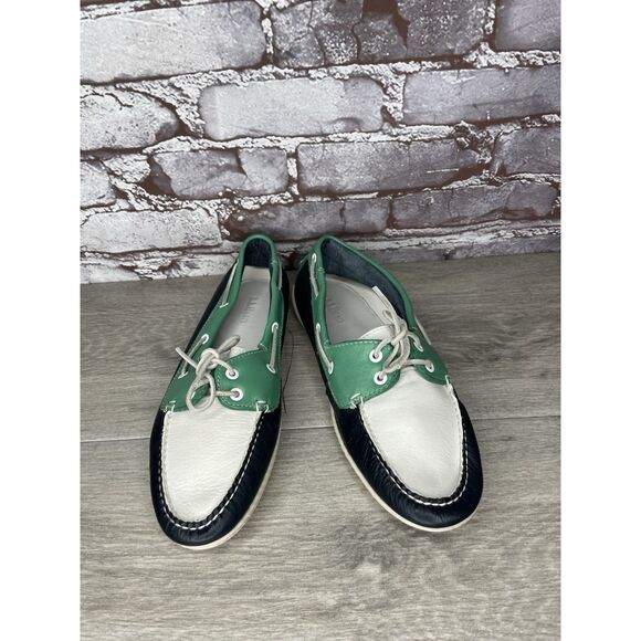 LL Bean Blue Green White Leather Preppy Loafers Boat Shoes Women Sz 9M US/39.5EU - Picture 13 of 16